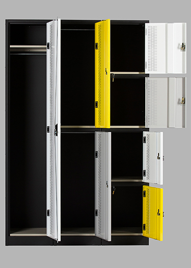 photograph of steel lockers with the doors open showing the interior