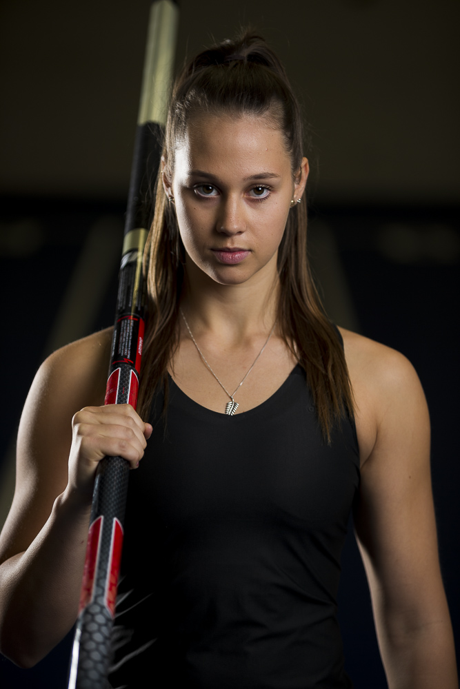 Head and torso portrait of athlete at her training venue AUT Millennium, Auckland