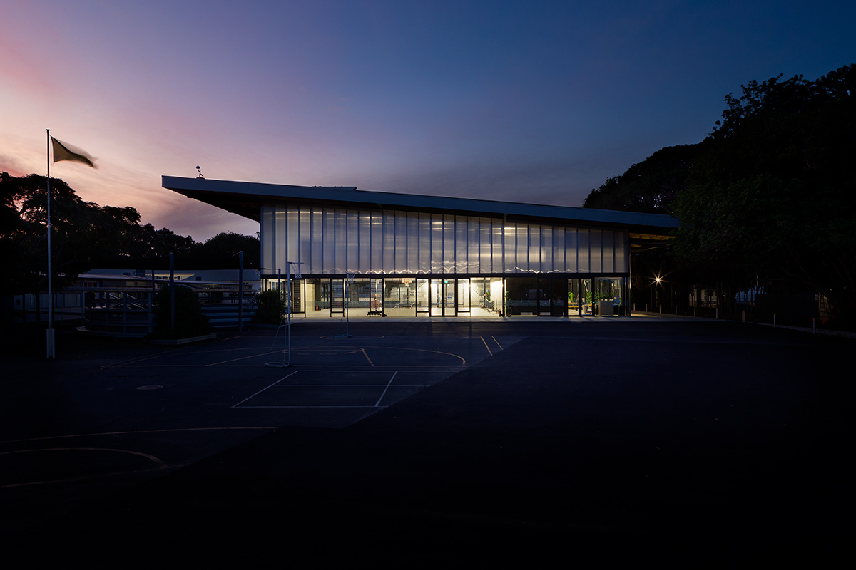 School gym photographed for architectural awards entry at dusk