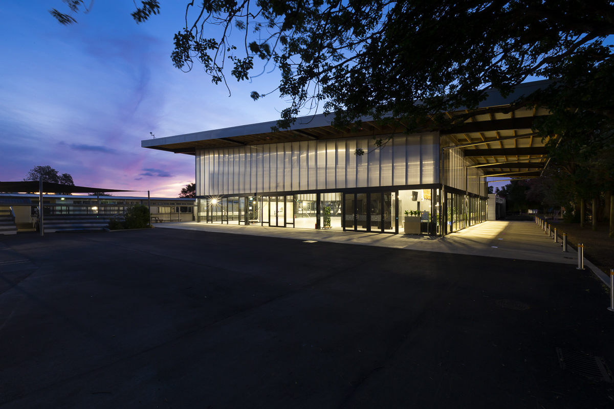 Dusk photograph of school gym for architectural awards entry