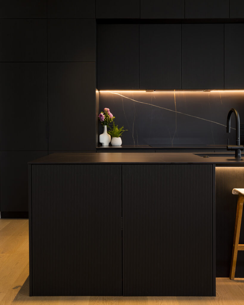 Straight on image showing the corrugated panels of a kitchen in Ponsonby Auckland