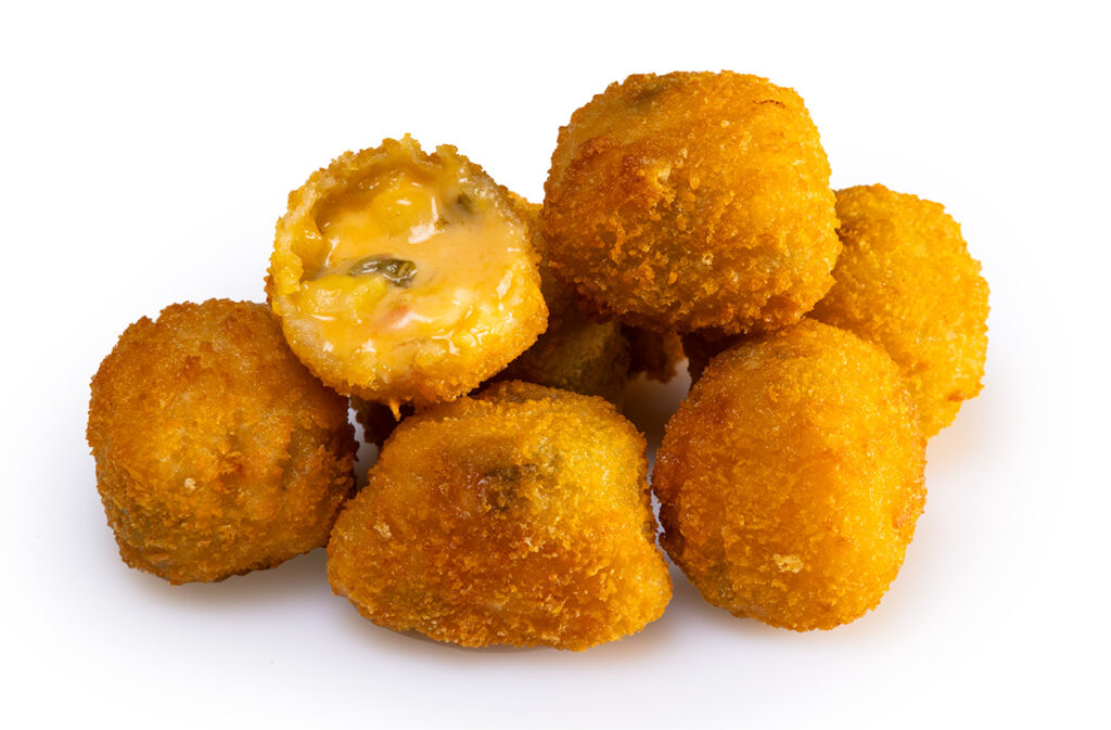 packshot food photography of chesse and jalapeño bites photographed on a white background with drop shadows - captured in East Tamaki Auckland by professional photographer Adam Firth