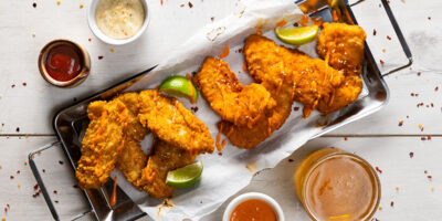 tray of fried chick photographed on a white background with scattered chilli and sauces